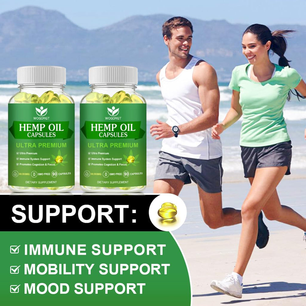 WOGORGT Hemp Oil Capsules capsule closeup showcases convenient, swallowable form