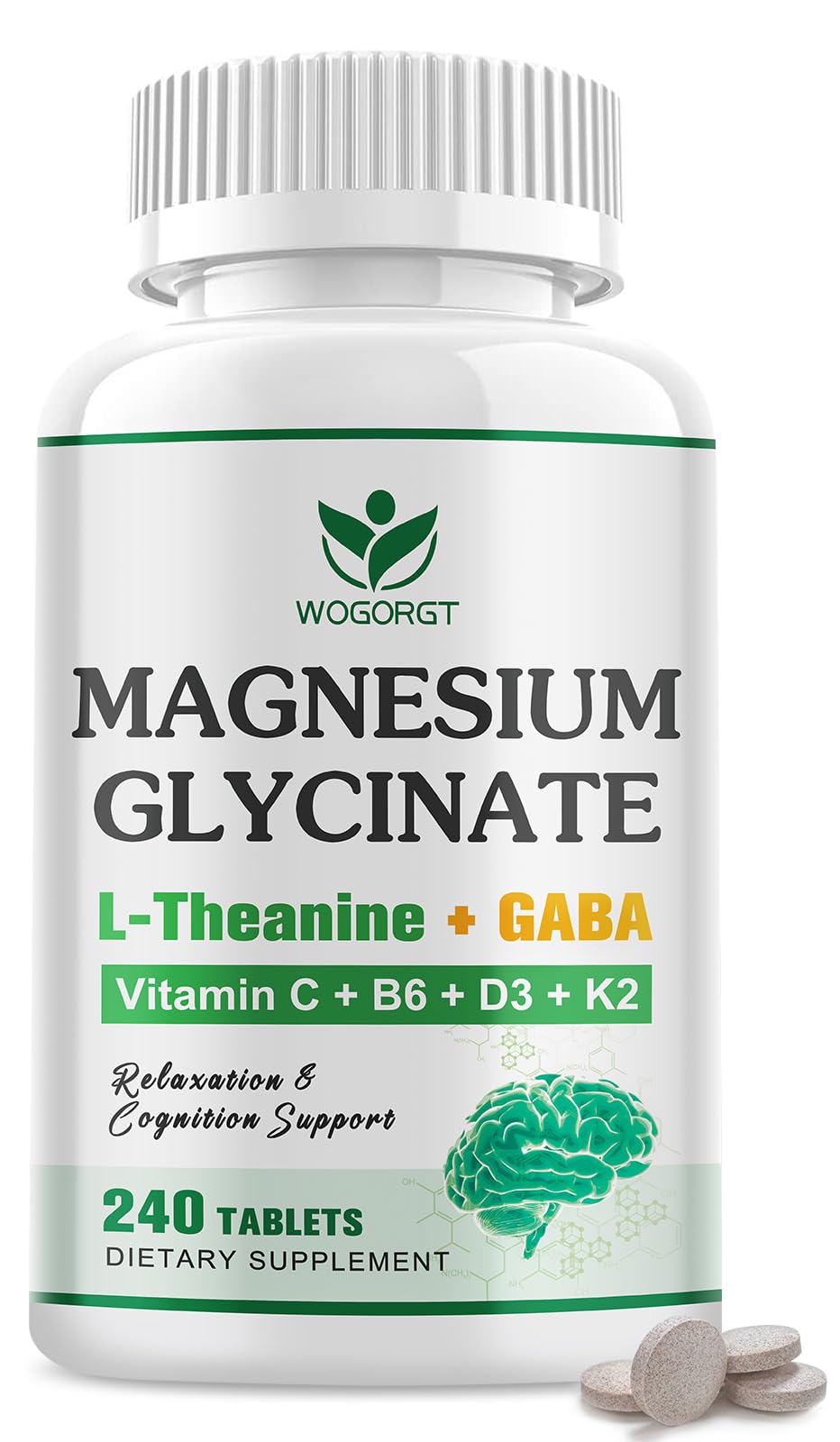 WOGORGT magnesium glycinate + L-Theanine bottle for calm evenings and daily focus.
