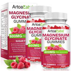WOJBALMN Magnesium Glycinate Gummies bottle front shows raspberry flavor for gentle evening relaxation.