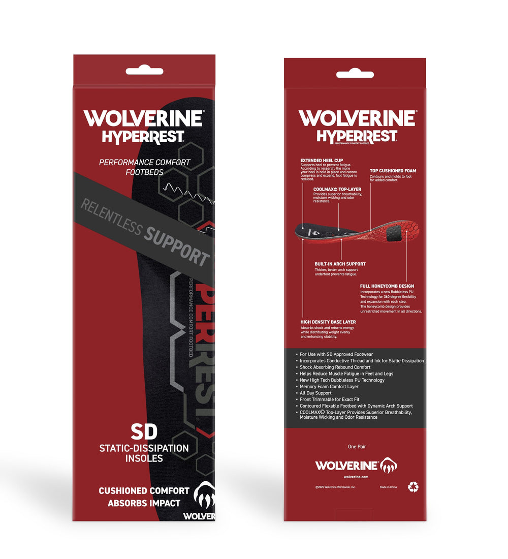 WOLVERINE HyperREST SD insoles showing breathable Coolmax top layer for dry feet during long shifts.