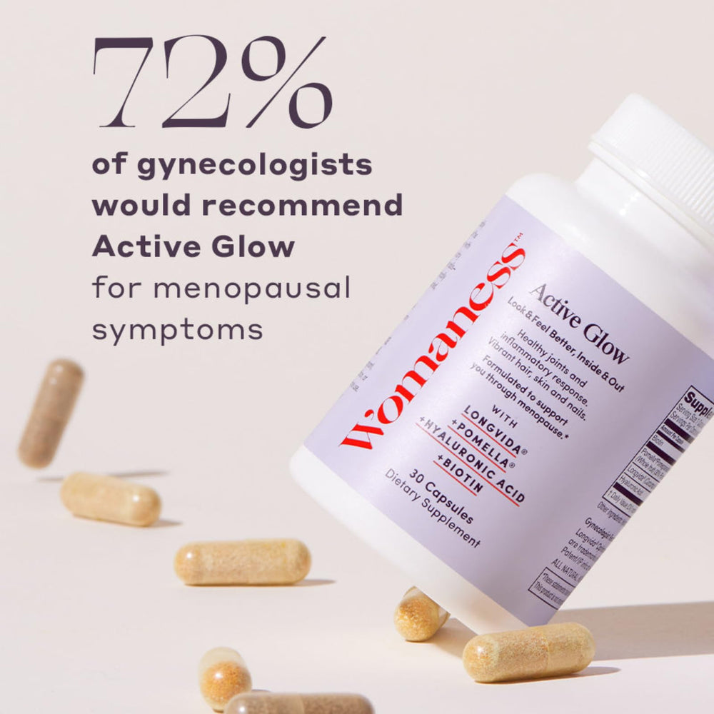 Womaness Active Glow skin glow closeup illustrating hydration and elasticity