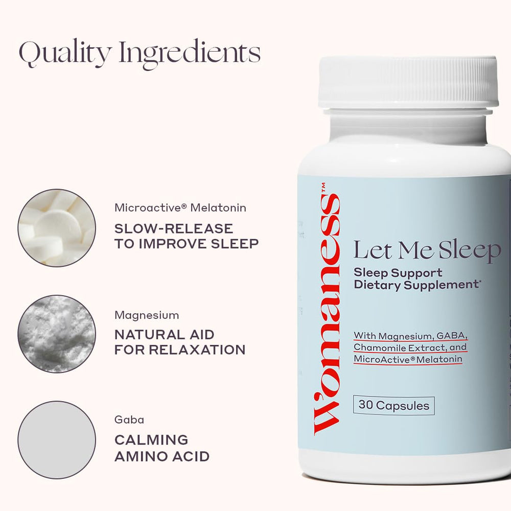 Close-up of Womaness Let Me Sleep capsules for calm evenings.