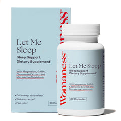Womaness Let Me Sleep melatonin bottle promotes nighttime rest.