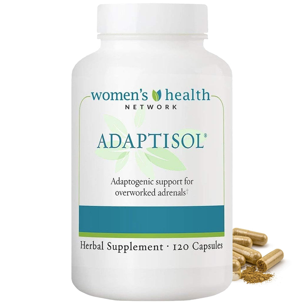 Adaptisol bottle front with WHN branding suggesting cortisol balance support
