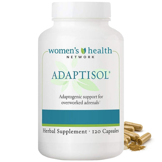 Adaptisol bottle front with WHN branding suggesting cortisol balance support