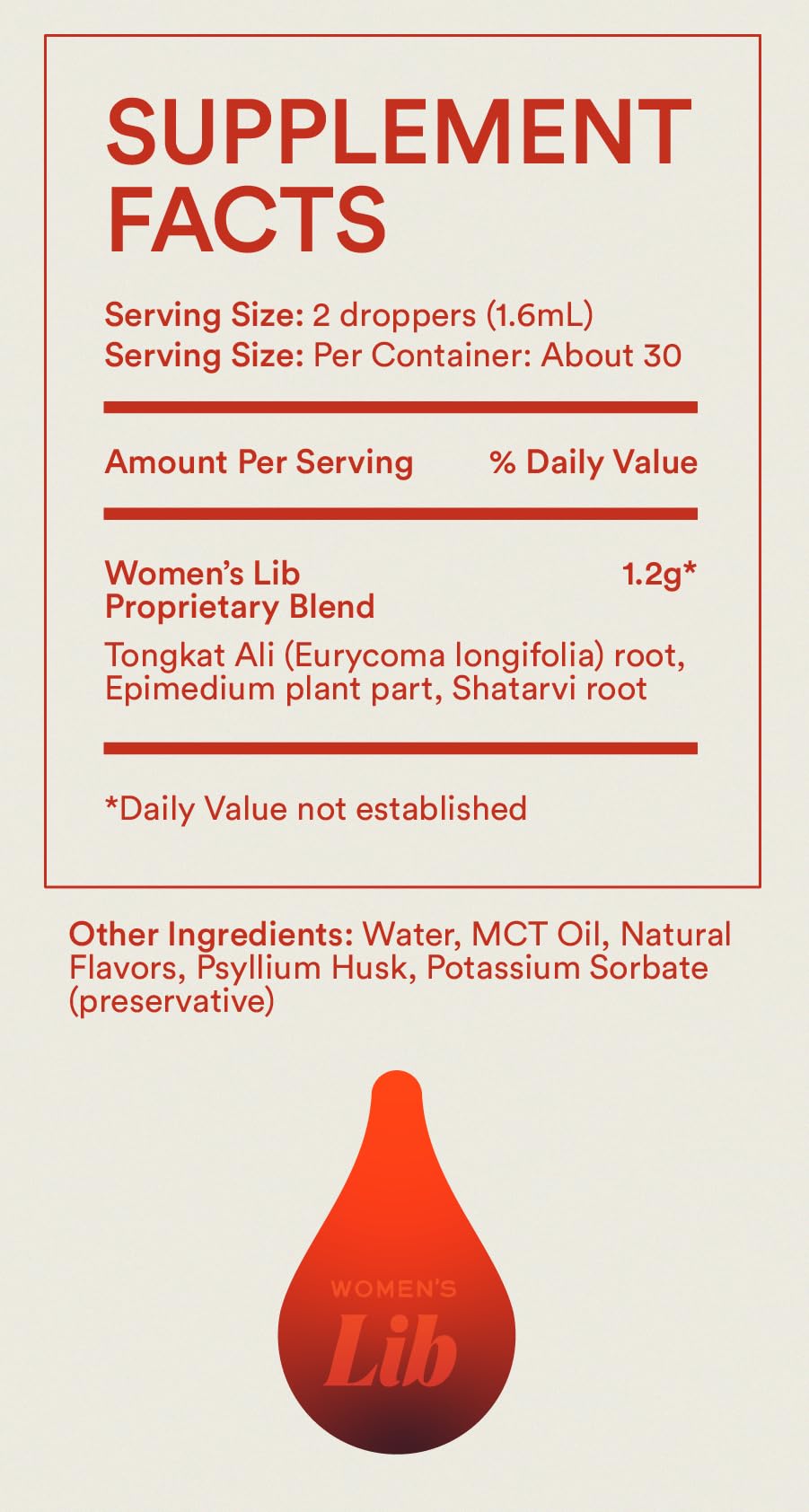 Women's Lib Hormone Support Drops label closeup emphasizes adaptogenic blend for daily use.