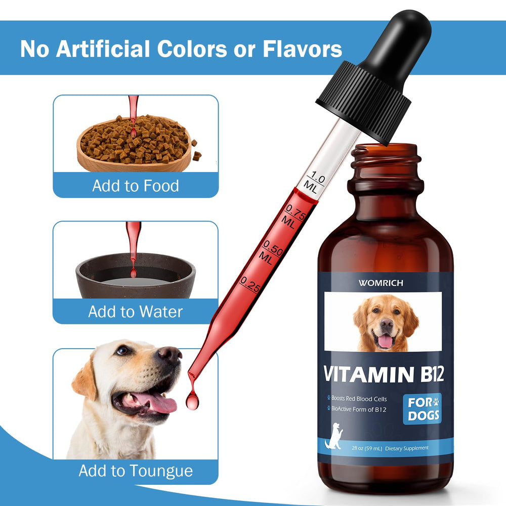 WOMRICH all-breeds dogs B12 liquid for daily supplementation bottle in use.