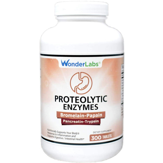 Wonder Laboratories proteolytic enzymes bottle label with clear ingredients for easy review.