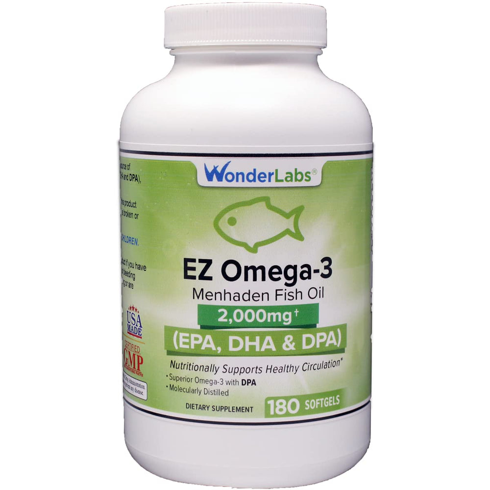 Wonder Laboratories EZ Omega-3 bottle with burpless softgels for daily heart-friendly support.