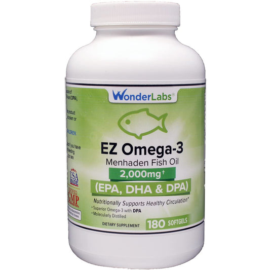 Wonder Laboratories EZ Omega-3 bottle with burpless softgels for daily heart-friendly support.