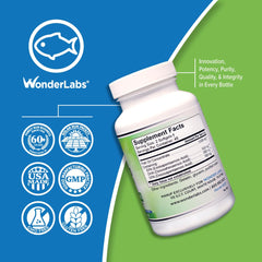 Wonder Laboratories EZ Omega-3 bottle and GMP facility branding emphasizing strict manufacturing standards.