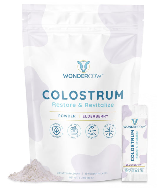 WonderCow colostrum elderberry bottle ready for immune support