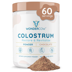 WonderCow colostrum powder tub showing premium whole colostrum for daily wellness and immune support.