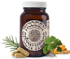 Wooden Spoon Brain Bloom bottle label, showing an organic ingredient list for daily focus.