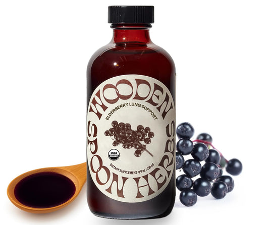 Wooden Spoon Herbs Elderberry Syrup bottle with organic ingredients for daily immune support.