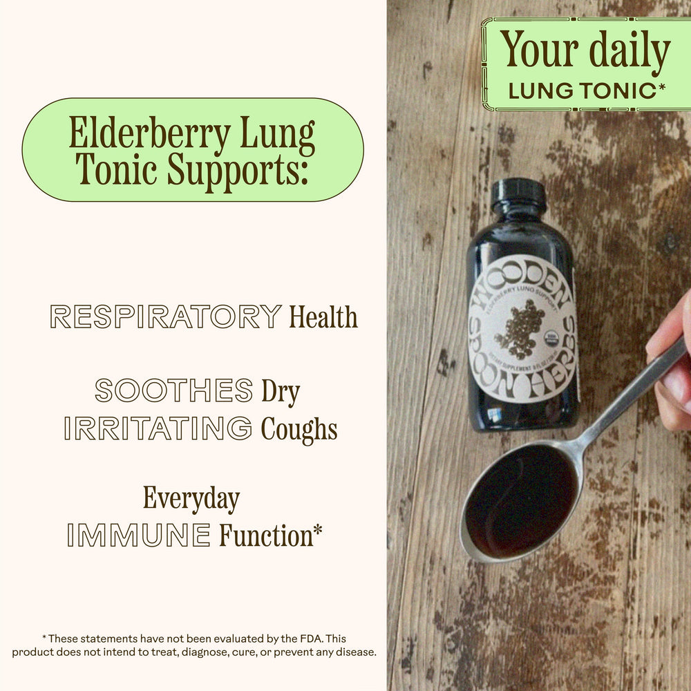 Wooden Spoon Herbs Elderberry Syrup spoonful for tea and daily routines.