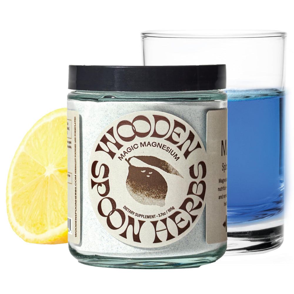 Wooden Spoon Herbs Magic Magnesium Blue Lemonade bottle for convenient daily hydration.
