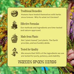 Packaging of Wooden Spoon Herbs Tranquility Tonic communicates vegan and gluten-free promise.