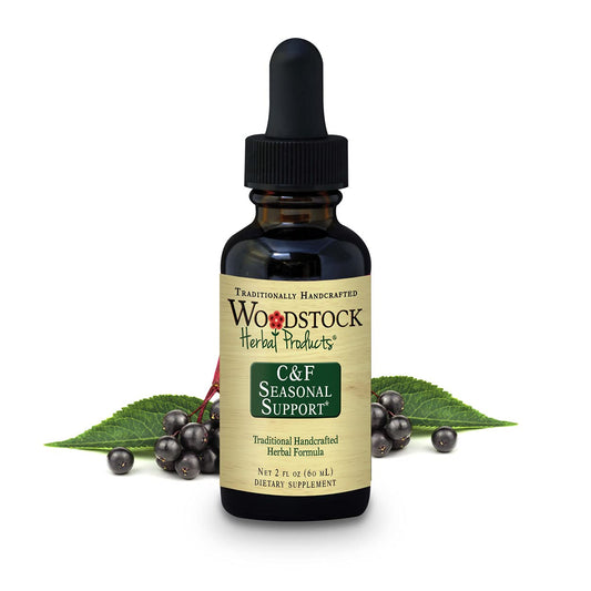 Woodstock Herbal C&F Seasonal Support bottle with dropper for daily use.