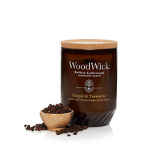 WoodWick amber glass vessel featuring 55% post-consumer recycled glass
