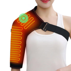 WOOLALA heated shoulder brace with massage on the left shoulder for targeted relief.