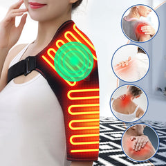 WOOLALA heated shoulder brace with massage on the right shoulder for targeted relief.