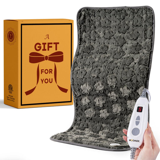 WOOMER faux fur heating pad front view highlighting plush warmth and extended coverage
