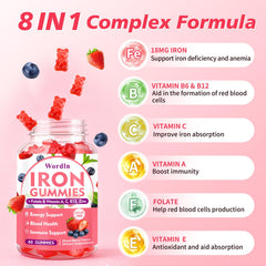 Wordln Iron Gummies bottle label highlights vitamin C and B12 benefits for vitality.