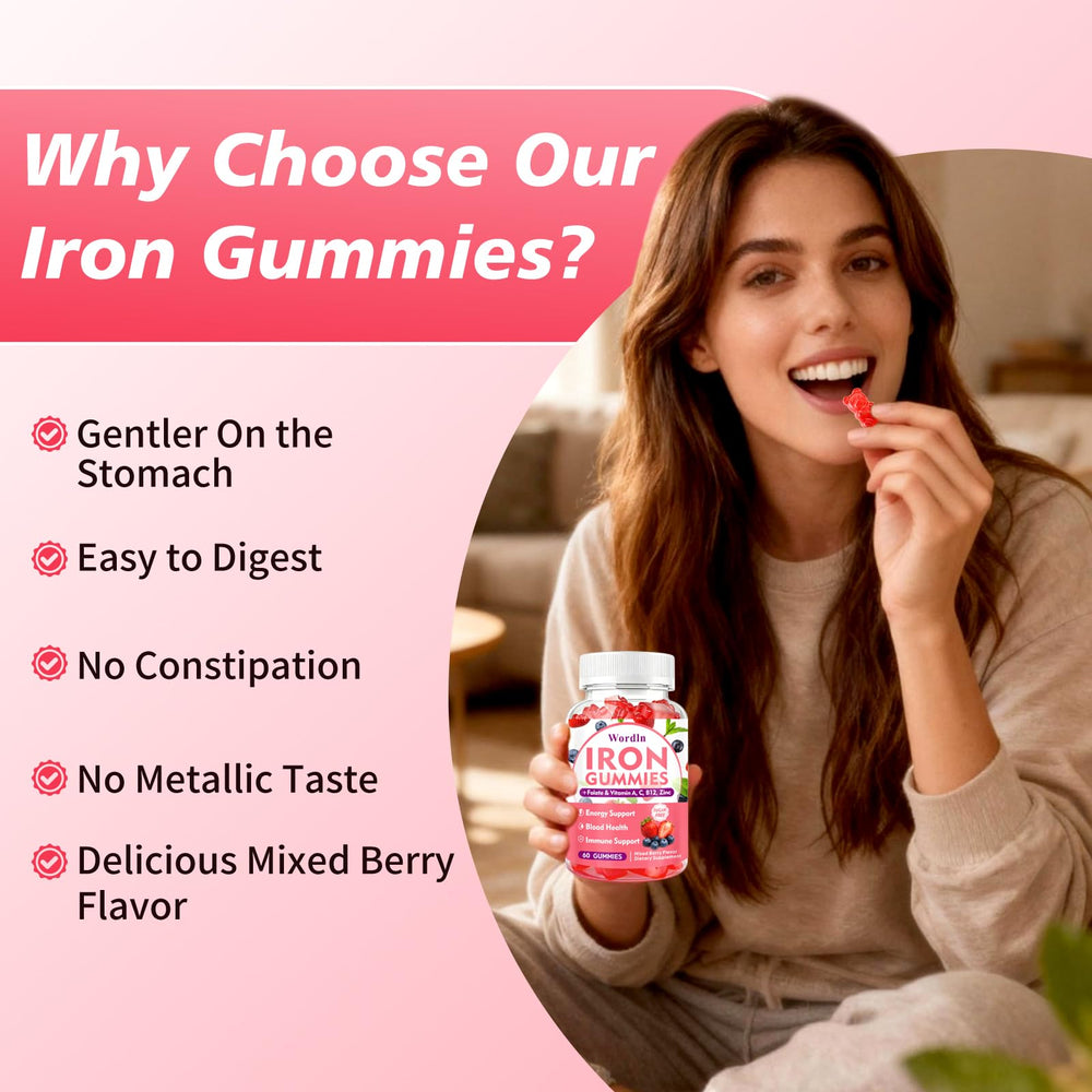 Wordln Iron Gummies chewy texture close-up highlights berry flavor for enjoyable daily chew.