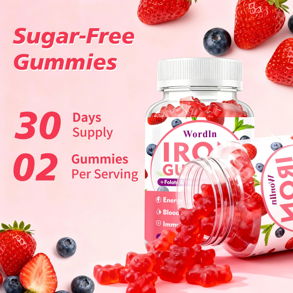 Wordln Iron Gummies kid-friendly packaging suggests safe daily iron use.
