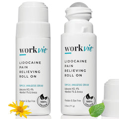 Workvie lidocaine roll-on bottle closeup for fast, targeted relief.