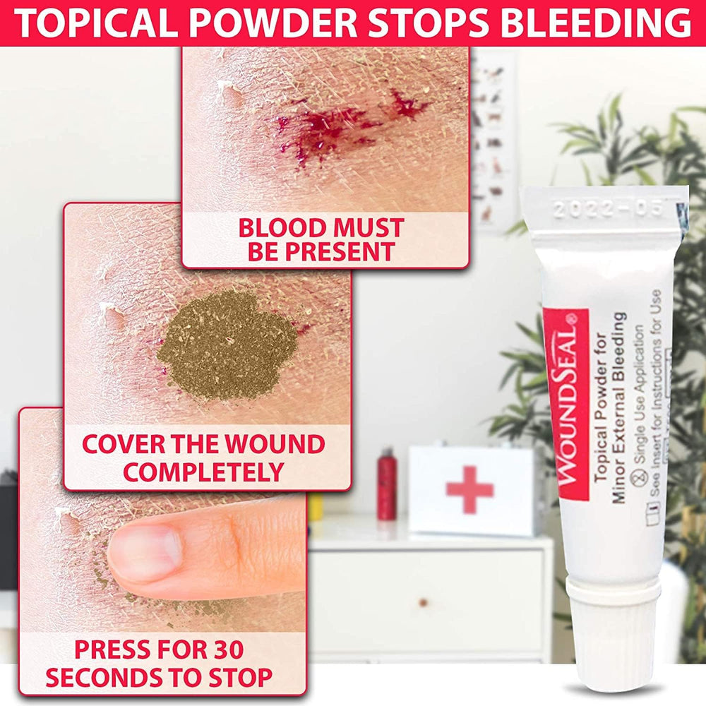 WoundSeal powder being dispensed over a wound to form an instant seal.