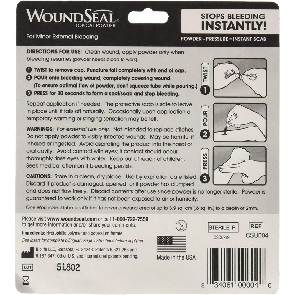 Compact, travel-ready packaging fits into first aid kits.