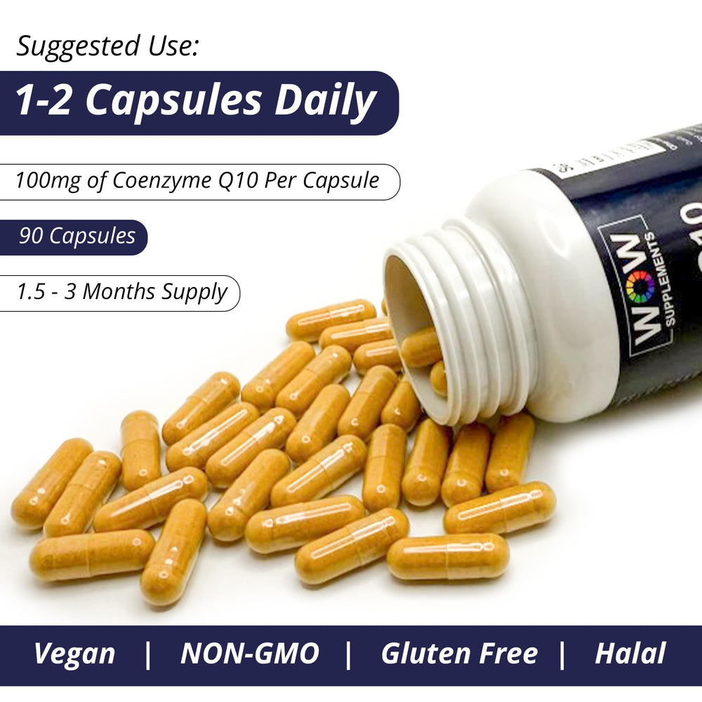 WOW Supplements CoQ10 bottle with glass demonstrates simple daily habit for energy.