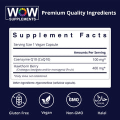 WOW Supplements CoQ10 capsules closeup highlights vegan gluten free formula.