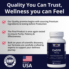 WOW Supplements CoQ10 packaging front emphasizes vegan gluten free formula.