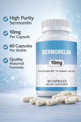 WUCOO Sermorelin 10MG capsules back panel showing purity and batch details.