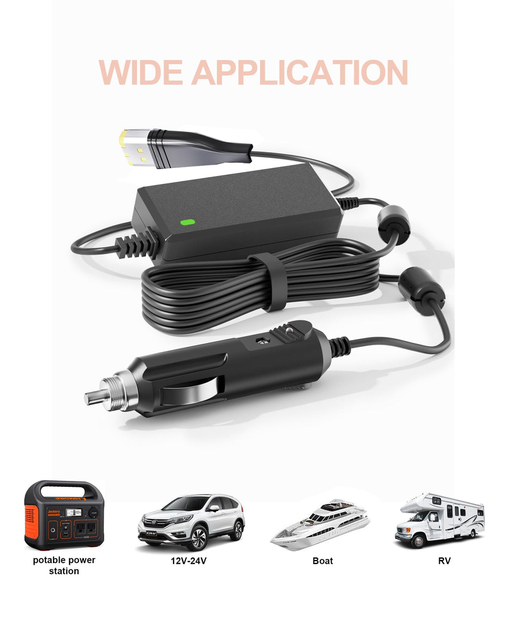 WUKUR CPAP 12V adapter with long cord enabling flexible bedside placement.