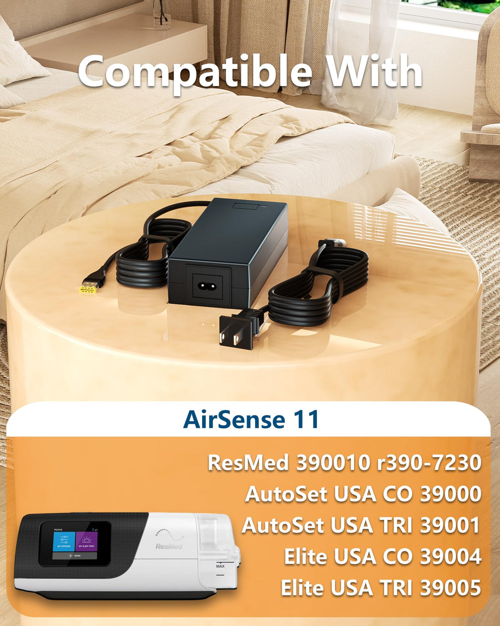 WUKUR AirSense 11 power cord angled view highlighting sturdy cable for daily use