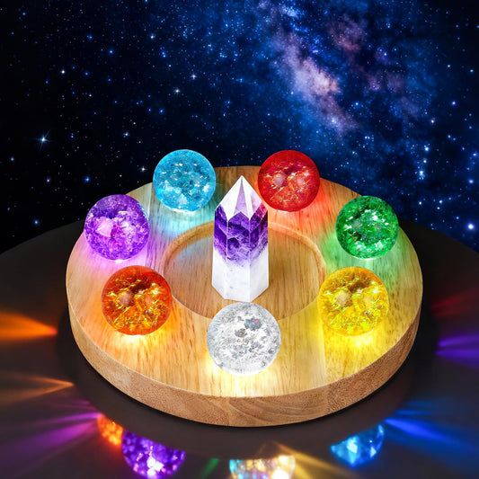Wulqiiy seven-color crystal balls on LED wooden base illuminate a calming ambience