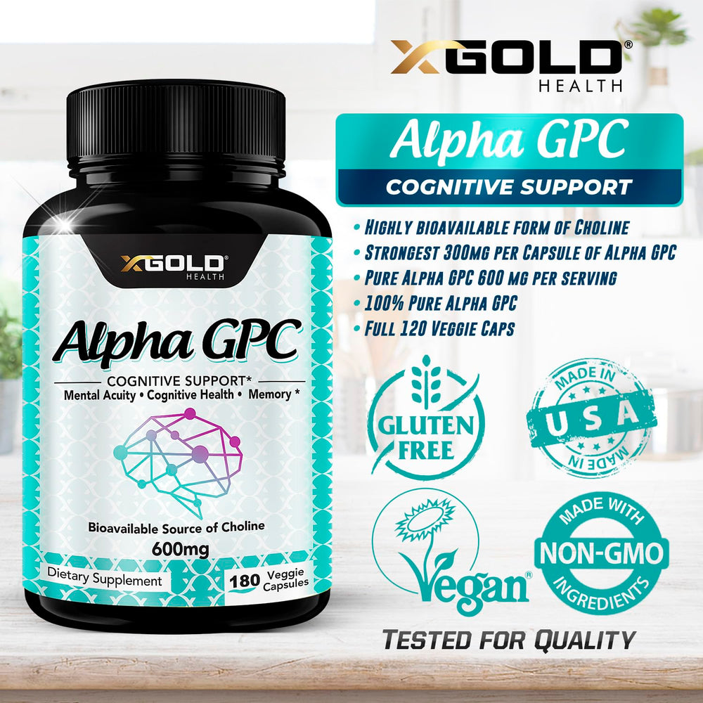 X Gold Health Alpha GPC 600mg daily dose shown for steady energy and focus