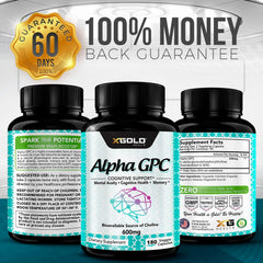 X Gold Health Alpha GPC 600mg bottle with glass, suggesting daily cognitive support