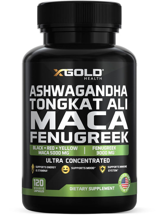 X Gold Health bottle showing Ashwagandha, Tongkat Ali, Maca and Fenugreek for daily energy support