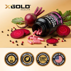 X Gold Health Beet Root Extract made in USA label reinforces trusted manufacturing.