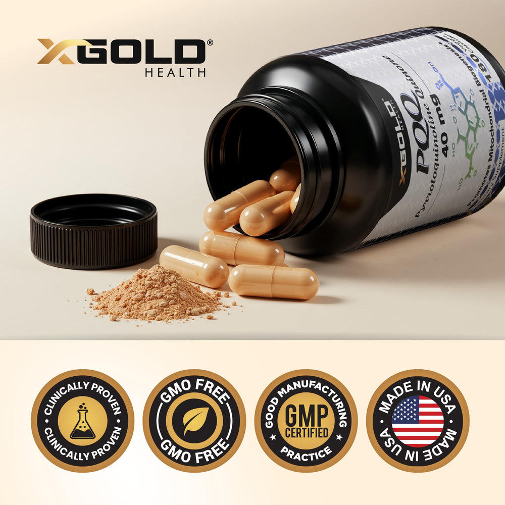 X Gold Health Mitochondrial Energy Optimizer USA GMP stamp on bottle signaling quality manufacturing.