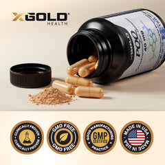 X Gold Health Mitochondrial Energy Optimizer USA GMP stamp on bottle signaling quality manufacturing.