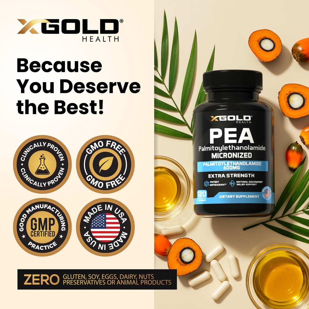 X Gold Health Palmitoylethanolamide pea packaging box communicates USA-made quality