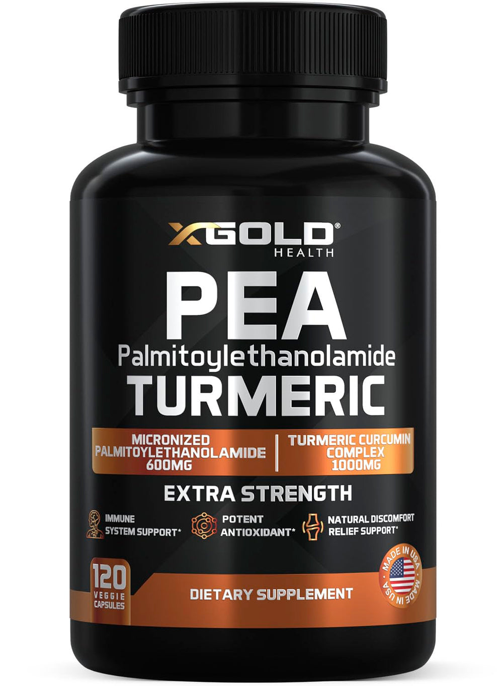 X Gold Health pea-palmitoylethanolamide-turmeric bottle highlights high-potency capsules.