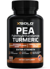 X Gold Health pea-palmitoylethanolamide-turmeric bottle highlights high-potency capsules.
