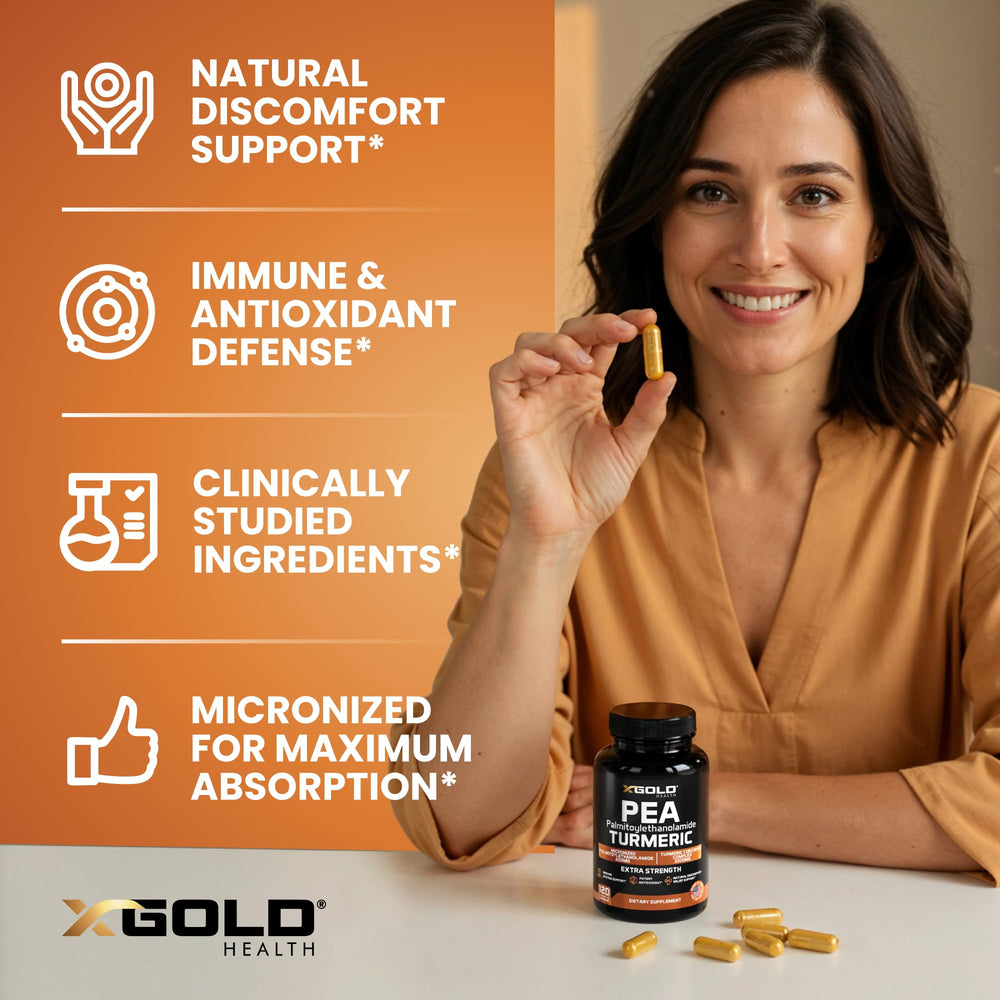 X Gold Health pea-palmitoylethanolamide-turmeric label closeup for ingredient transparency.
